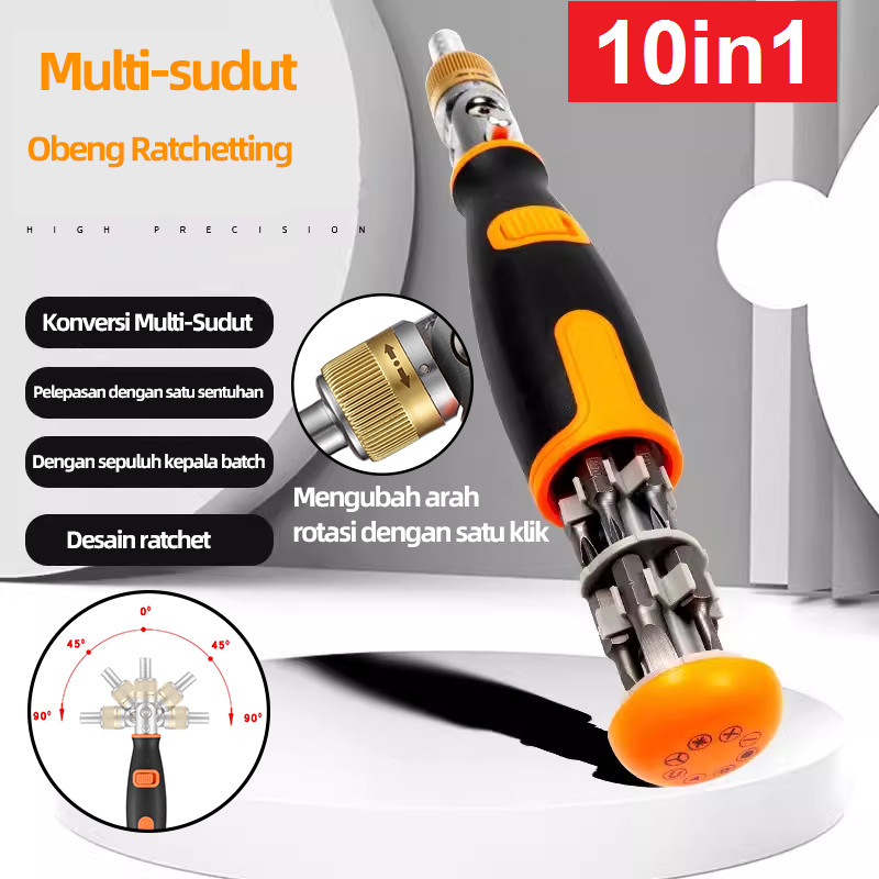 Obeng Bit Rachet Dua Arah 10 In 1 Multi Bit 1/4 inch Attachment Magnetik sudut 90 derajat Perkakas Portable Otomotif Hobi Rumah Mobil Motor Sepeda Elektronik Murah