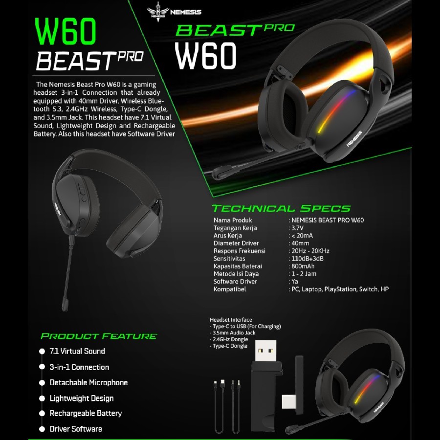 NYK Nemesis Beast Pro W60 / W-60 / W 60 7.1 Surround Sound 3in1 Connection Wireless Gaming Headset With Software Driver