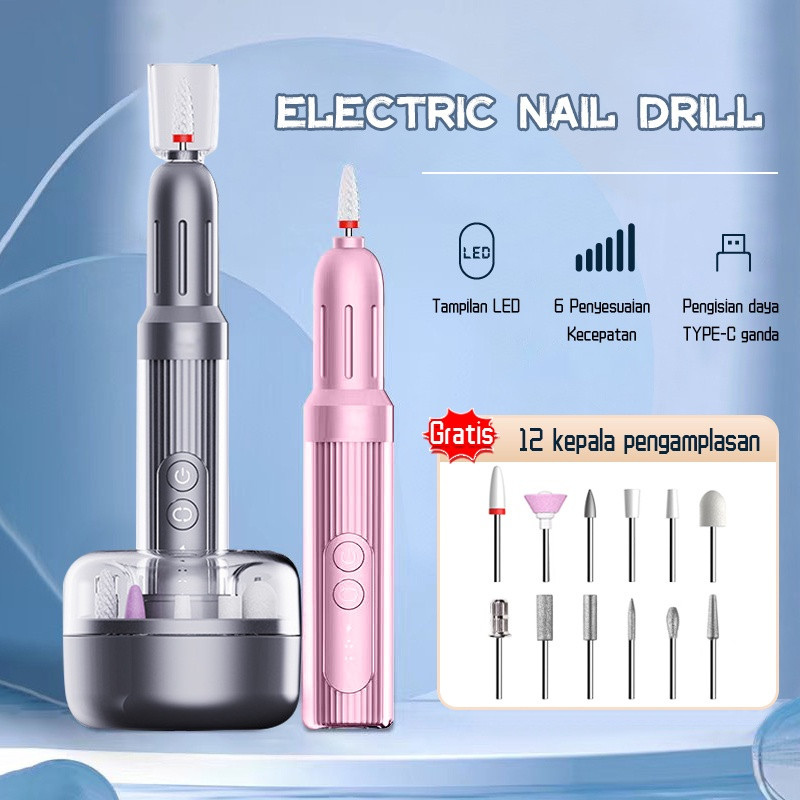 Alat Kikir Kuku Elektrik Portable Nail Drill Polisher Wireless Nail Drill Manicure Grinder Machine 12 In 1 Nail Art Kit 6 Speedd