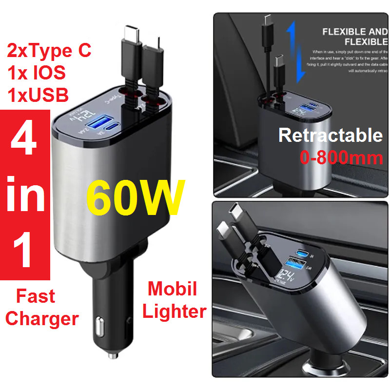 4in1 Car Charger Dual Retractable Type C Lightning IOS Android Casan Mobil 2 Kabel Tarik USB PD Fast Charger 60W